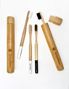 Bamboo toothbrush made out of natural bamboo with medium soft bristles in white or black colour options.
