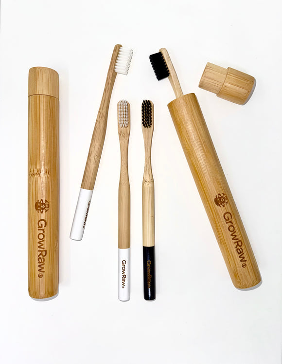 Bamboo toothbrush made out of natural bamboo with medium soft bristles in white or black colour options.