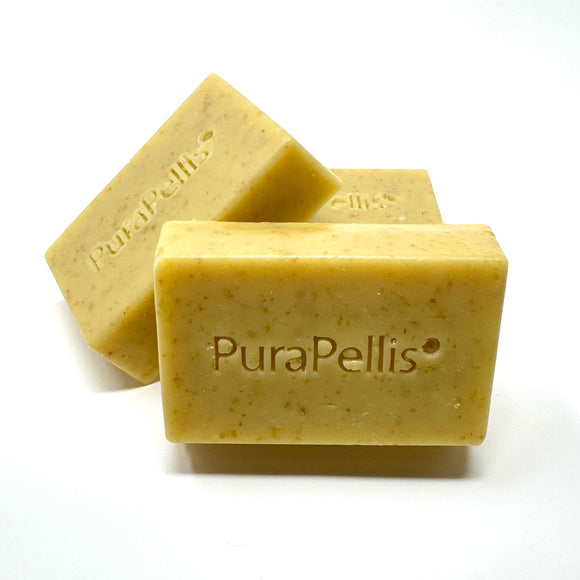 Two bars of PuraPellis soap on a white background
