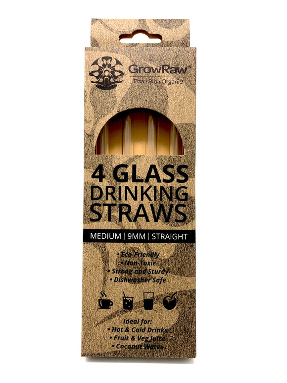 A grey coloured recycled paper box with text print in black and GROWRAW logo and product description and please recycle me note. This box contains 4 clear glass drinking straws 9 millimetre wide and straight. 