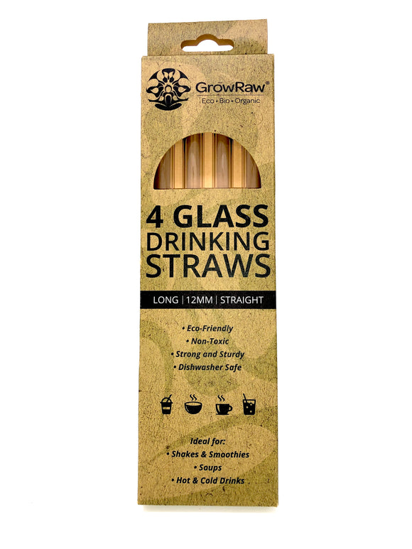 A green coloured recycled paper box with text print in black and GROWRAW logo and product description and please recycle me note. This box contains 4 clear glass drinking straws 12 millimetre wide and straight. 