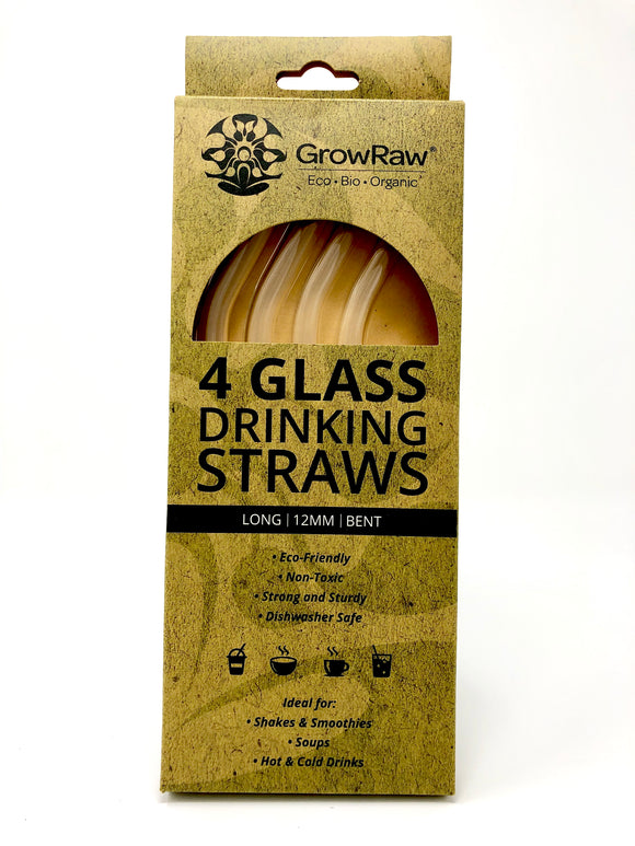 A green coloured recycled paper box with text print in black and GROWRAW logo and product description and please recycle me note. This box contains 4 clear glass drinking straws 12 millimetre wide and bent. 
