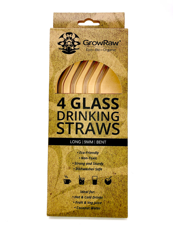 A green coloured recycled paper box with text print in black and GROWRAW logo and product description and please recycle me note. This box contains 4 clear glass drinking straws 9 millimetre wide and bent. 
