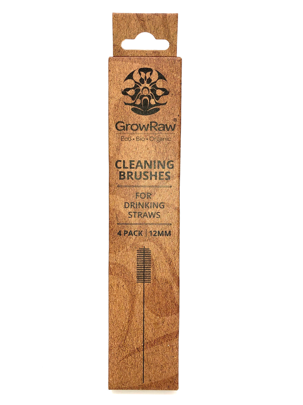 A brown recycled paper box with text print in black and GROWRAW logo and product description and please recycle me note. This box contains 4 cleaning brushes for 12 millimetre wide drinking straws. 