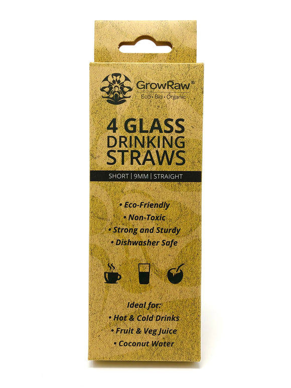 A grey coloured recycled paper box with text print in black and GROWRAW logo and product description and please recycle me note. This box contains 4 clear glass drinking straws 9 millimetre wide and straight. These are 15 centimetre which is 6 inches short straws 