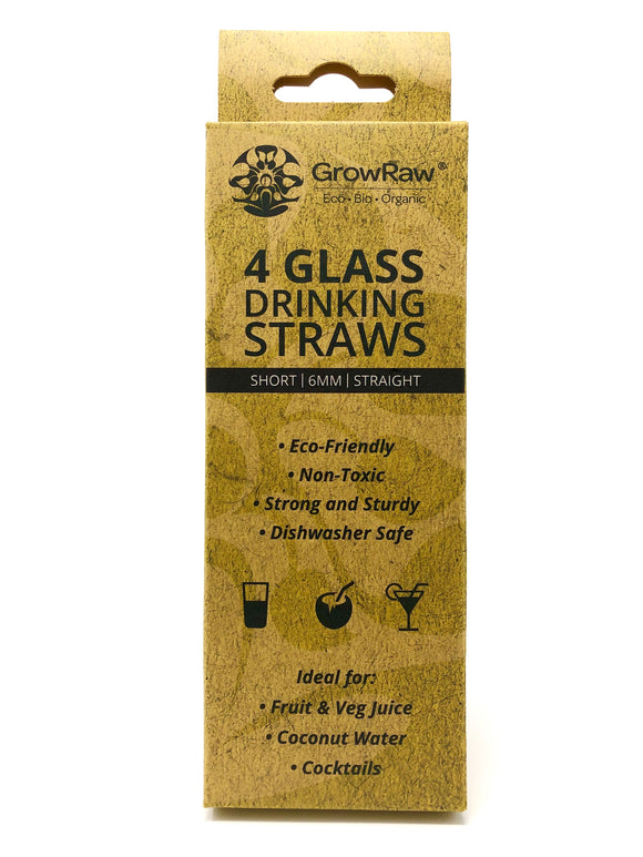 A grey coloured recycled paper box with text print in black and GROWRAW logo and product description and please recycle me note. This box contains 4 clear glass drinking straws 6 millimetre wide and straight. These are 15 centimetre which is 6 inches short straws 