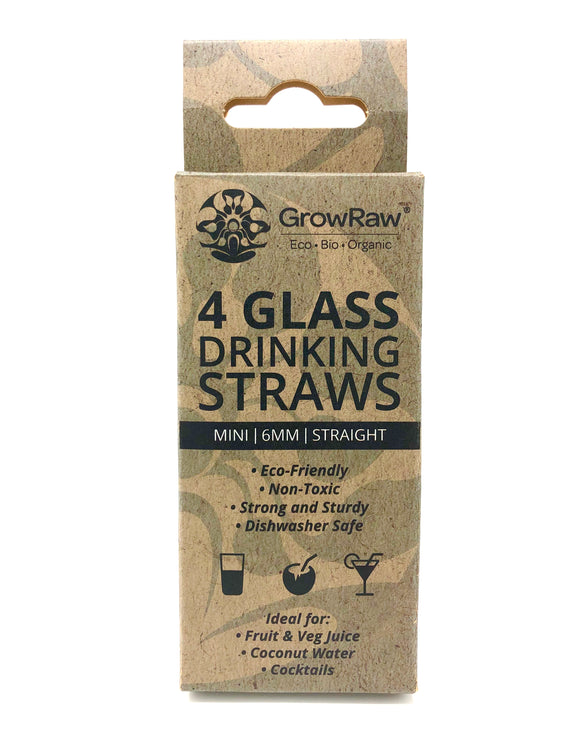 A blue coloured recycled paper box with text print in black and GROWRAW logo and product description and please recycle me note. This box contains 4 clear glass drinking straws 6 millimetre wide and straight. These are 10 centimetre which is 4 inch long slim cocktail straws.